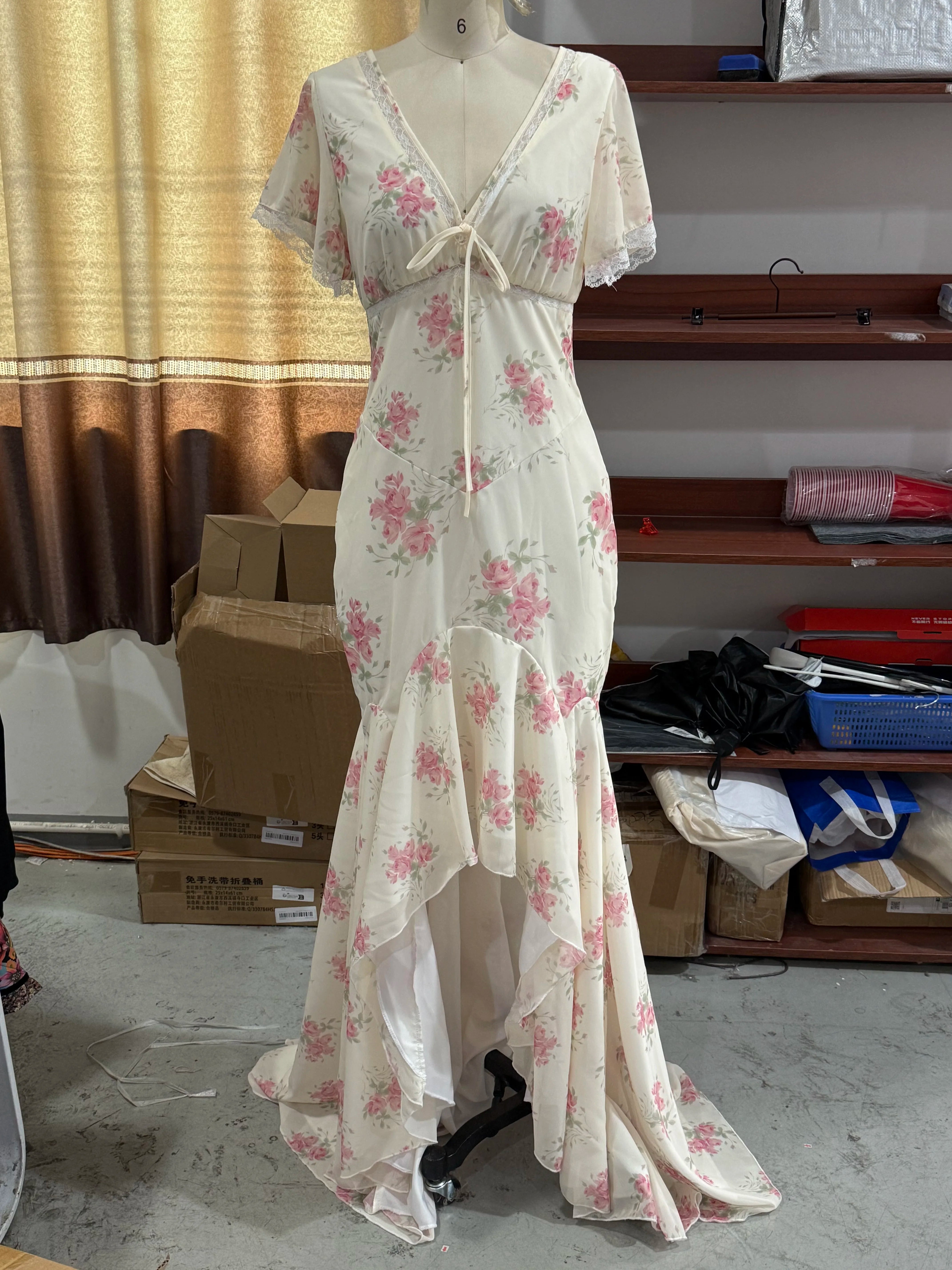 Fashion Organza Floral Printed Maxi Dress V-Neck Puff Sleeve 2026 Spring/Summer Romantic Women Party Gown Elegant Lady Vestido