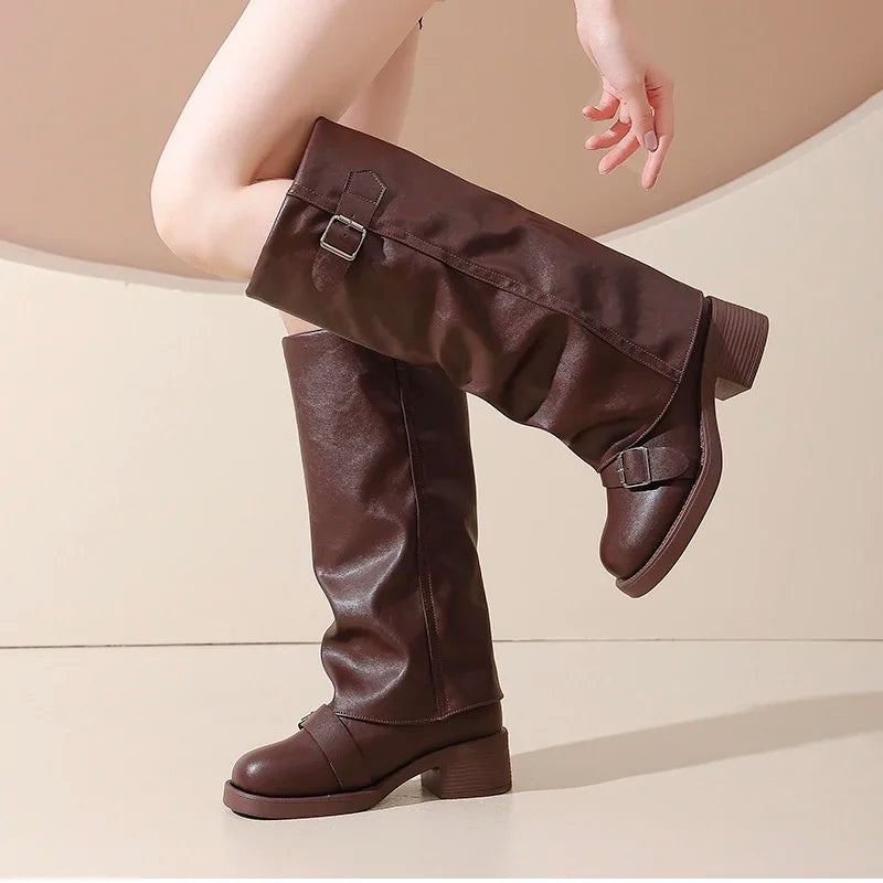 Vintage Thick Heel Women Knee High Boots Fashion Ladies Belt Buckle Knight Long Booties Botas De Inverno Feminina