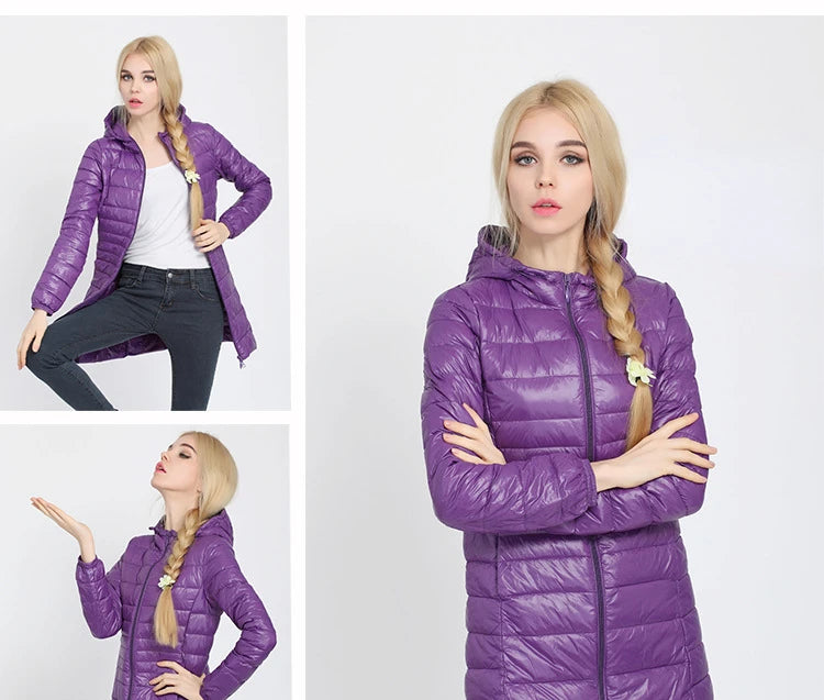 Women Long Warm Light Down Jacket Ladies Fashion Hooded with Portable Storage Bag Puffer Coats Women's Overcoats Hip-Length Coat