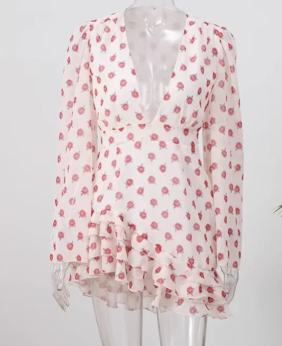 Women Floral Print Mini Dress V-neck Balloon Sleeve Keyhole Detail Tiered Ruffle Hem Dresses 2026 New Summer Holiday Party Gowns
