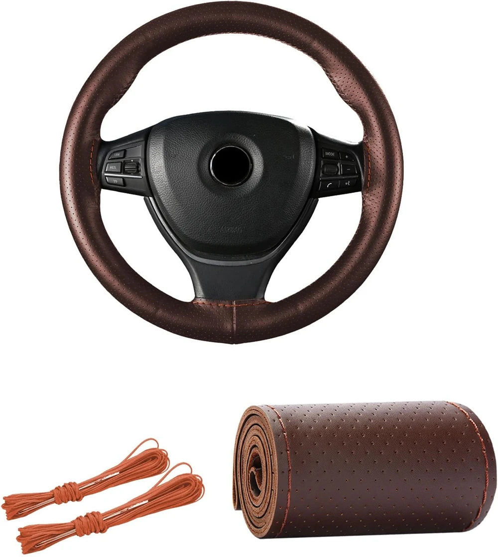Universal Braid Steering Wheel Cover 38cm Leather Hand Sewing Steering Wheel Cover Genuine Cowhide Leather with Needles Thread