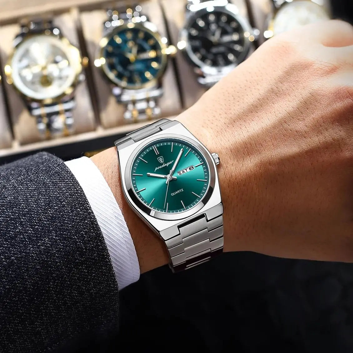 POEDAGAR Luxury Men's Watches Luminous Waterproof Stainless Steel Casual Men Clock Date Week Quartz Fashion Man Wristwatch Reloj