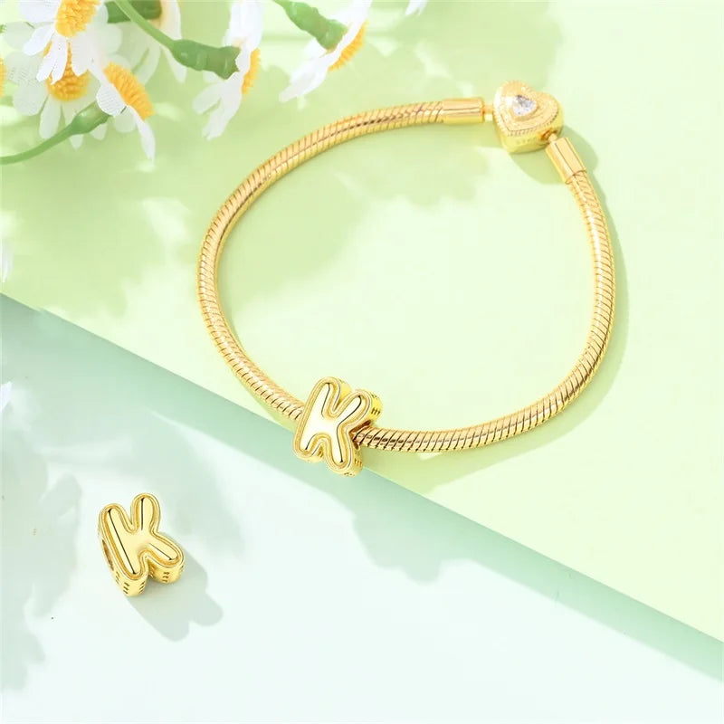 New Hot Sales 925 Sterling Silver 26 Golden Letters Charms Bead Fit Original Bracelet DIY Women Birthday Jewelry Gifts