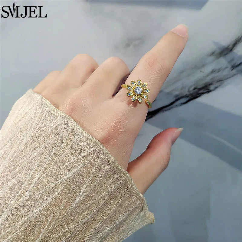 Ethnic Fashion Daisy Flower Anxiety Ring Adjustable Women Girls Worry Stress Relief Jewelry Spinning Fidget Rings Party Gifts