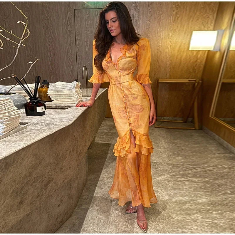 Fashion Organza Floral Printed Maxi Dress V-Neck Puff Sleeve 2026 Spring/Summer Romantic Women Party Gown Elegant Lady Vestido