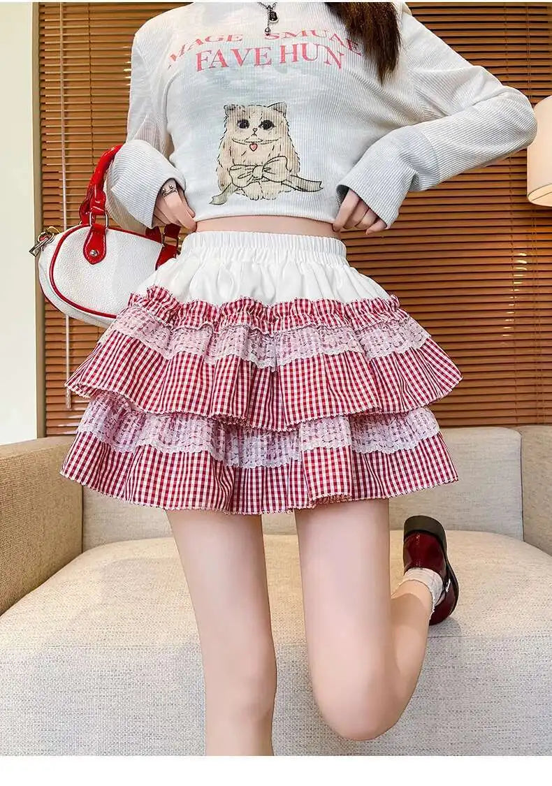 2025 Spring Summer Sweet Cute Lace Patchwork Plaid Cake Short Skirt With Shorts Womem Korean Japan Preppy Style Skirts
