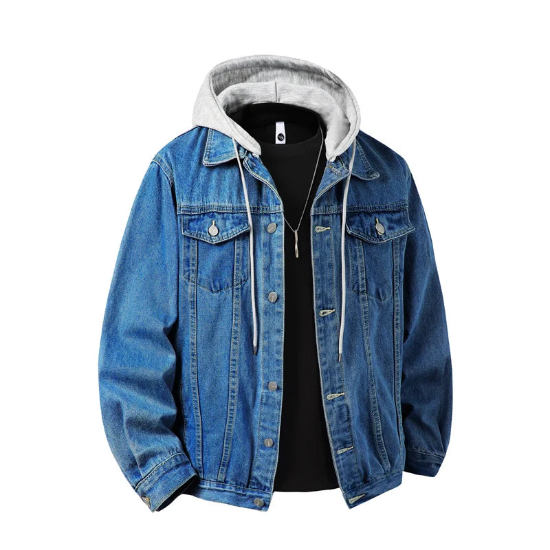 Autumn Winter Hooded Denim Jackets Men Casual Streetwear Outerwear Solid Color Loose Couple Denim Coats Hat Detachable Jacket