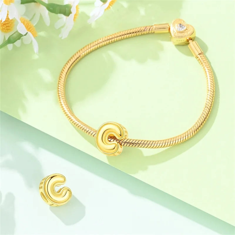 New Hot Sales 925 Sterling Silver 26 Golden Letters Charms Bead Fit Original Bracelet DIY Women Birthday Jewelry Gifts