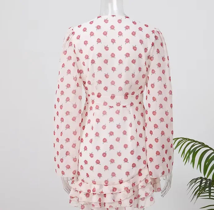 Women Floral Print Mini Dress V-neck Balloon Sleeve Keyhole Detail Tiered Ruffle Hem Dresses 2026 New Summer Holiday Party Gowns