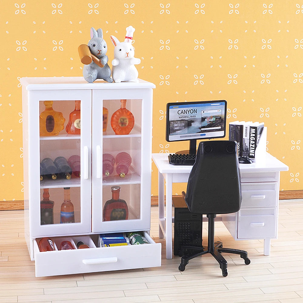 1:12 Dollhouse Miniature Office Furniture Set Simulation Computre Desk Model Bookshelves Doll House Decoration Accessories