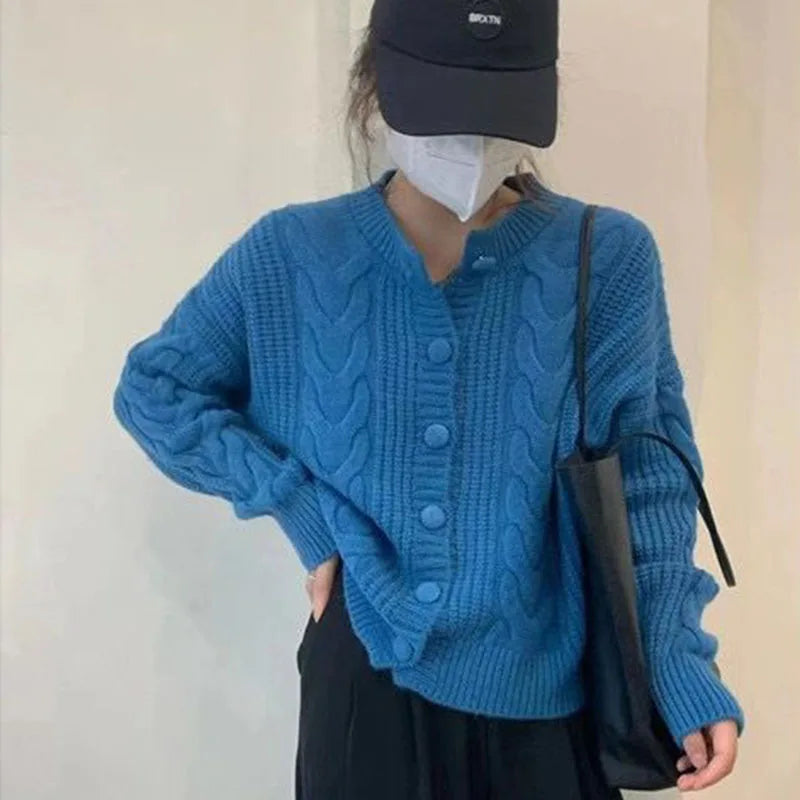 Autumn Twist Knitted Cardigan Womem Winter Thicken Warm O Neck Sweater Jacket Female Solid Button Up Long Sleeve Crop Knitwear