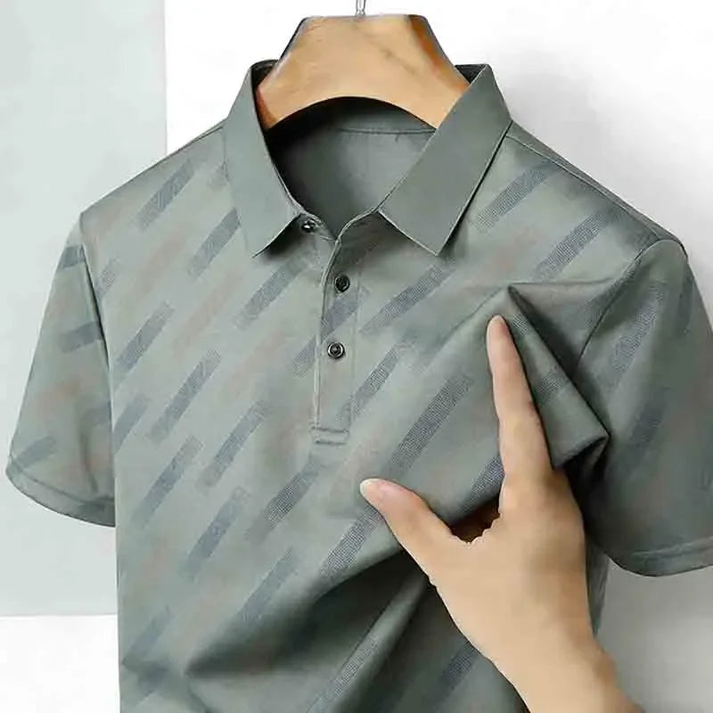 Men's Fashion Polo Shirt Short Sleeve Lapel Collar Diagonal Striped Print Casual Business Golf Tops