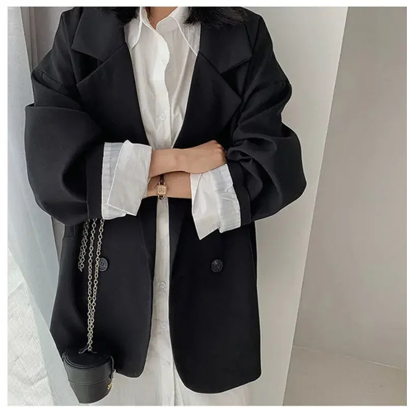 New 2025 Vintage Loose Women Solid Blazer Autumn Chic Double Breasted Female Long Sleeve Suit Jackets Stylish Ladies Blazers