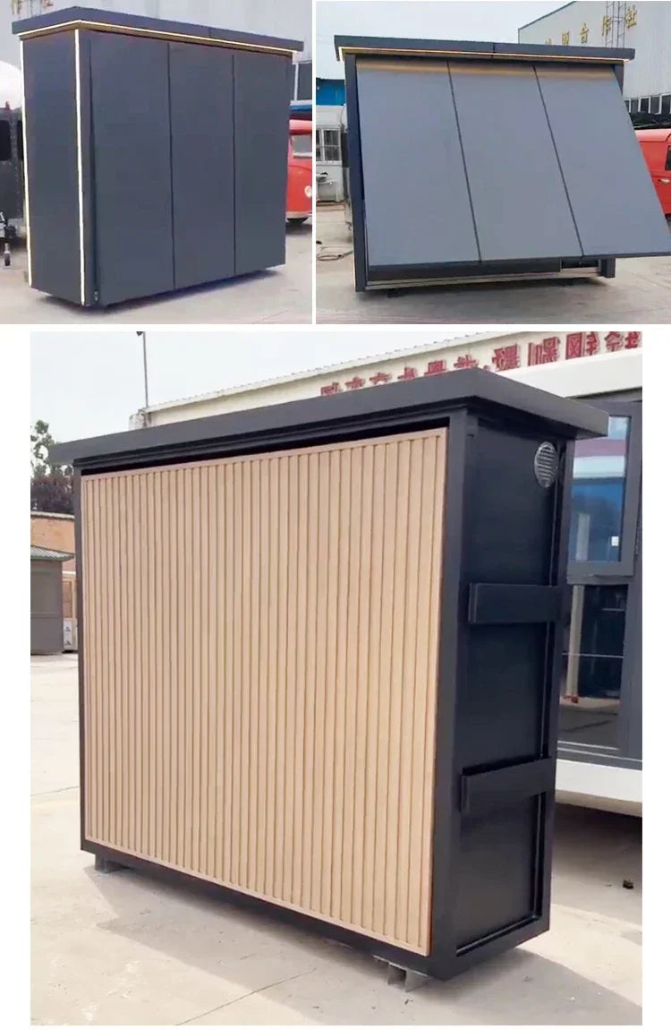 Customized outdoor kitchen in black appearance, affordable cost and stainless steel canopy included