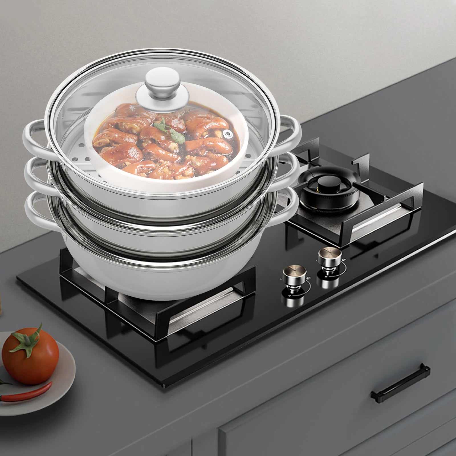 28CM Stainless Steel Steam Cooker Multi-Function 3 Tier Steamer Pot Cookware for Cooking Veg Meat Soups Seafood