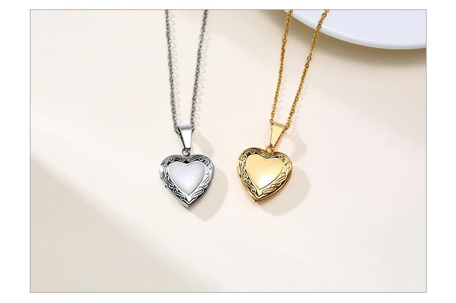 Vnox Customize Picture Name Women Necklaces Heart Locket Pendant Family Image Personalized Anniversary Gift