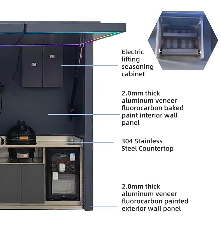 Customized outdoor kitchen in black appearance, affordable cost and stainless steel canopy included