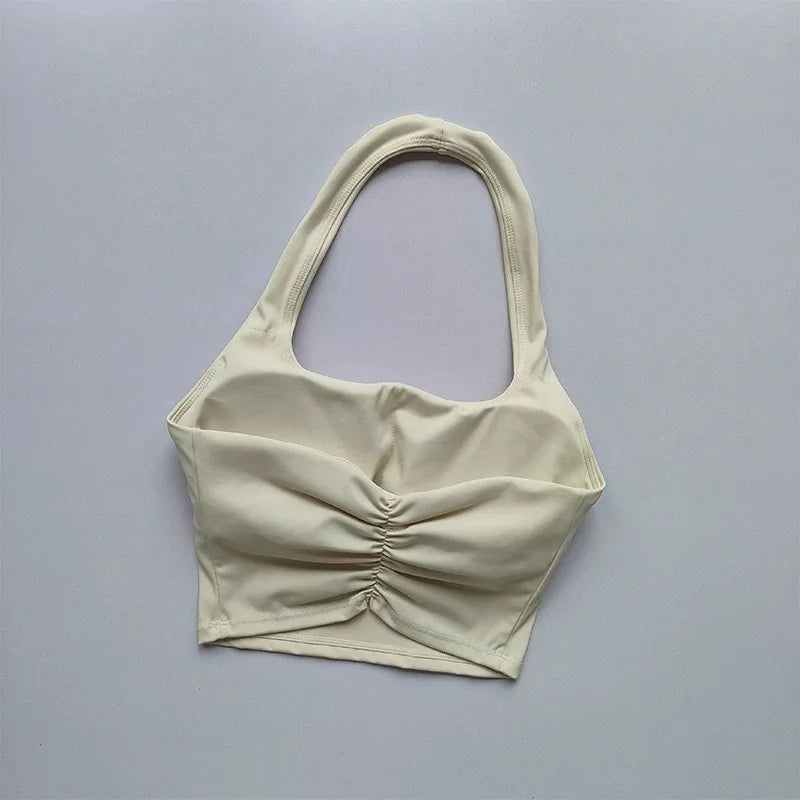 Summer New Sexy Hanging Neck with Chest Pads, Beautiful Back Sports Bra, Women's Light Luxury Fashion, Unique Pleated Sports Bra