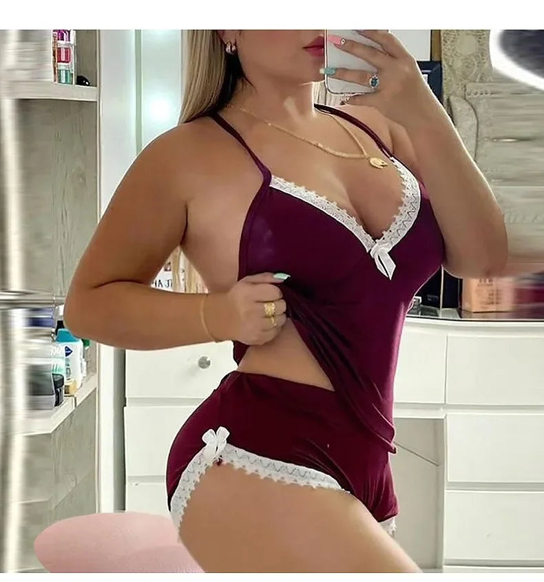 Sexy Lace Trim  Nightgown Set Large Size Home Wear Strap Sleepwear Two Piece Set Hot Sale