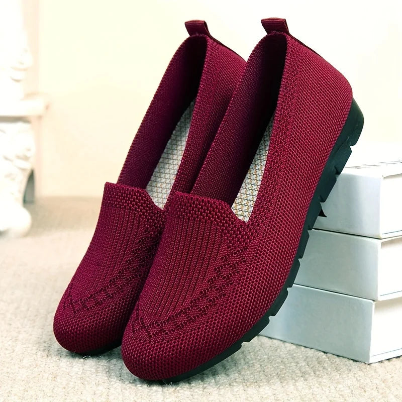 Women's Solid Color Knit Loafers Lightweight Anti Slip Flat Shoes for Casual Wear