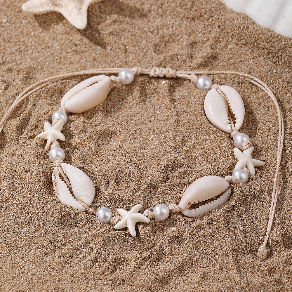 White Turquoise Beaded Chain Starfish Pendant Ankle Summer Bracelet Charm Sandals Barefoot Beach Foot Bridal Jewelry