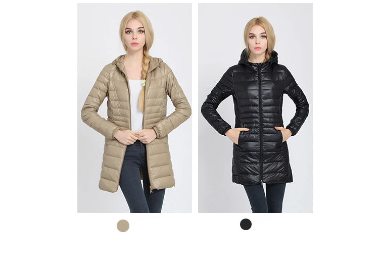 Women Long Warm Light Down Jacket Ladies Fashion Hooded with Portable Storage Bag Puffer Coats Women's Overcoats Hip-Length Coat