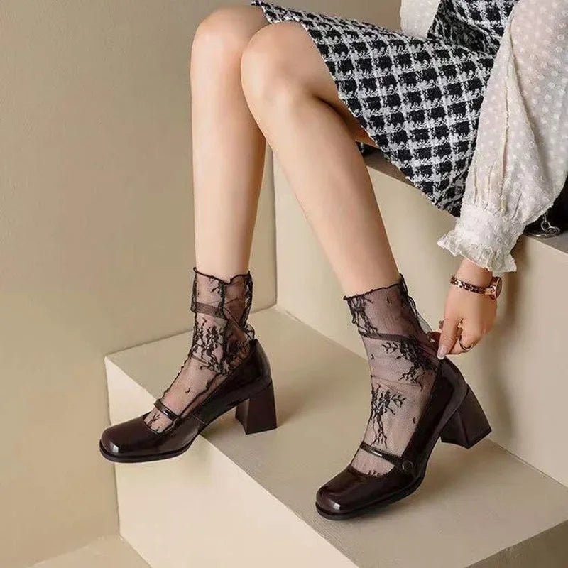 1/2 Pairs Thin Socks Women Summer Ultra Breathable Transparent Lace Socks Lolita Soft Sexy White Ins Mid Socks Fishnet Woman