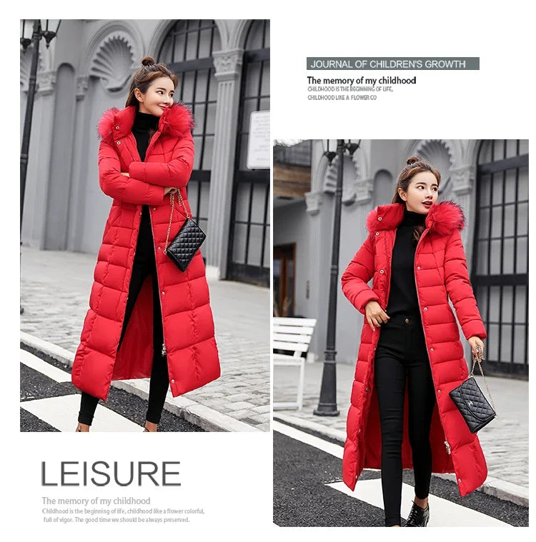 Long Down Cotton Parkas Coat Female New Winter Over Knee Loose Large Fur Collar Hooded Warm Thick Parkas Women  Padded Overcoat