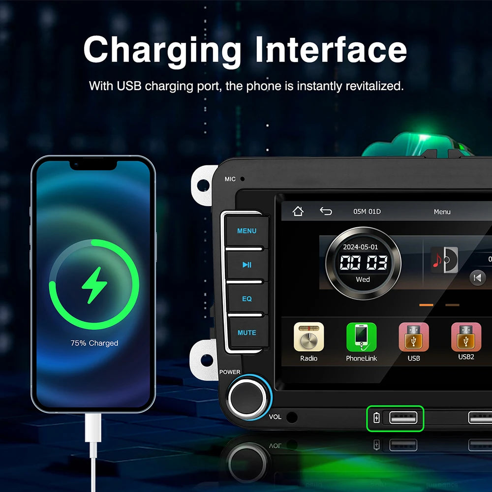 7 Inch Car Stereo For VW Touchcreen BT AM/FM Radio Receiver with Android Auto Carplay USB Charge Support Hands-Free Calling