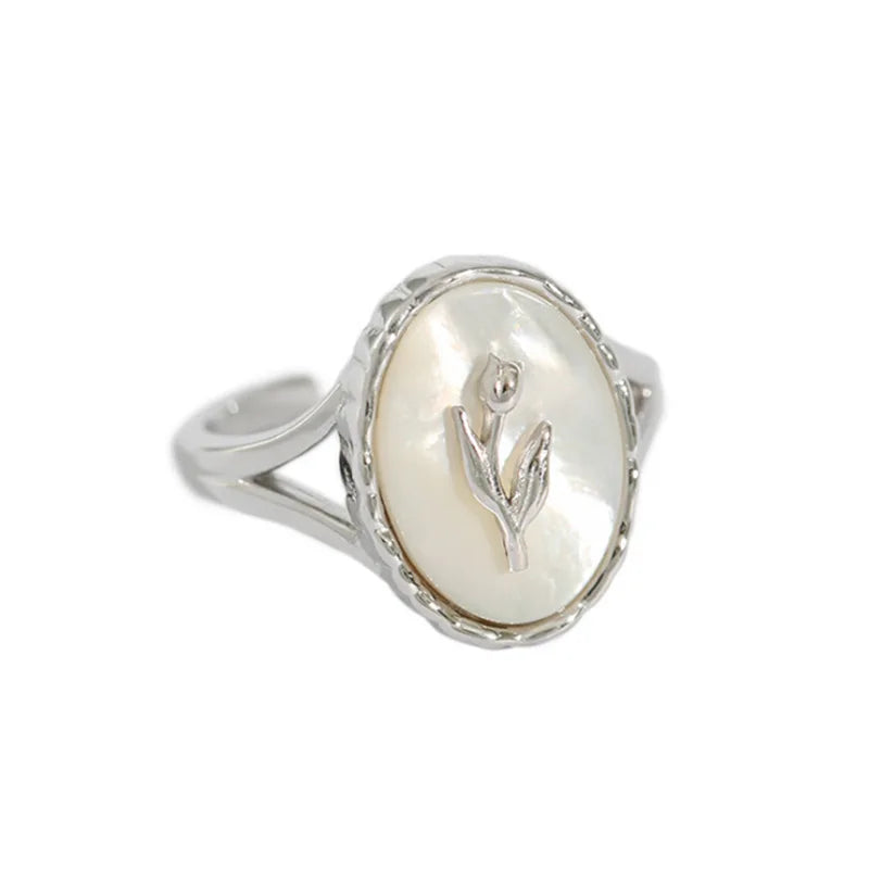 925 Sterling Silver Metal Flower Shell Geometric Rings For Women French Retro Romantic Open Thai