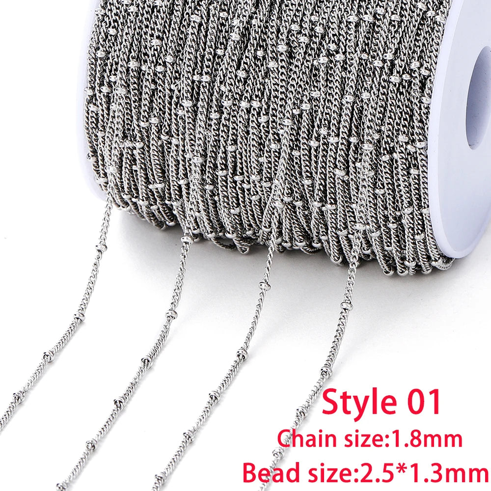 No Fade 2Meters Stainless Steel Chain Cross Chain with Beads for DIY Necklace Bracelet Anklet Jewelry Making Accessories