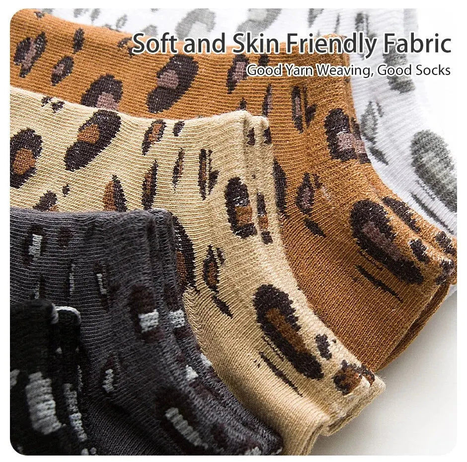 5 Pairs of Women's Seasonal Fashionable and Trendy Leopard Print Cotton Sweat-absorbing and Comfortable Sports Low Top Socks
