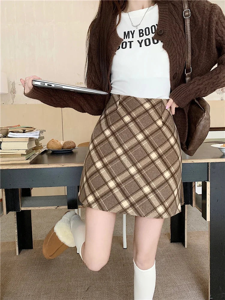 ITOOLIN Womem Vintage Plaid Tweed A-line Skirt Casual High Waist Mini Skirt Women Preppy Style Bodycon Skirts Spring Summer 2026
