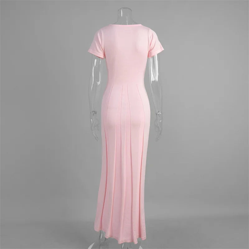 Tsiisd Ribbed Knit Maxi Dress For Women Deep V-Neck Slim High Slit Elegant Patchwork Commute Party Dress Women Knitwear Dress