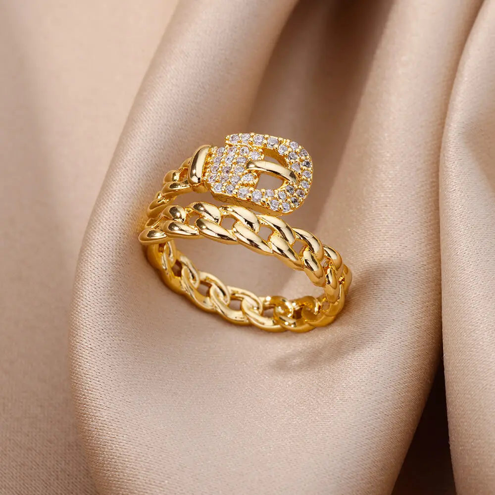 Fashion Chain Hollow Out Rings For Women Gold Color Stainless Steel Zircon Cross Open Ring Trendy Wedding Aesthetic Jewerly Gift