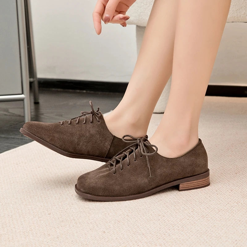 Women Loafer Lace-up 2025 New Spring Shoes Women Suede Genuine Leather Women Oxford Shoes Large Size British Style Women Shoes