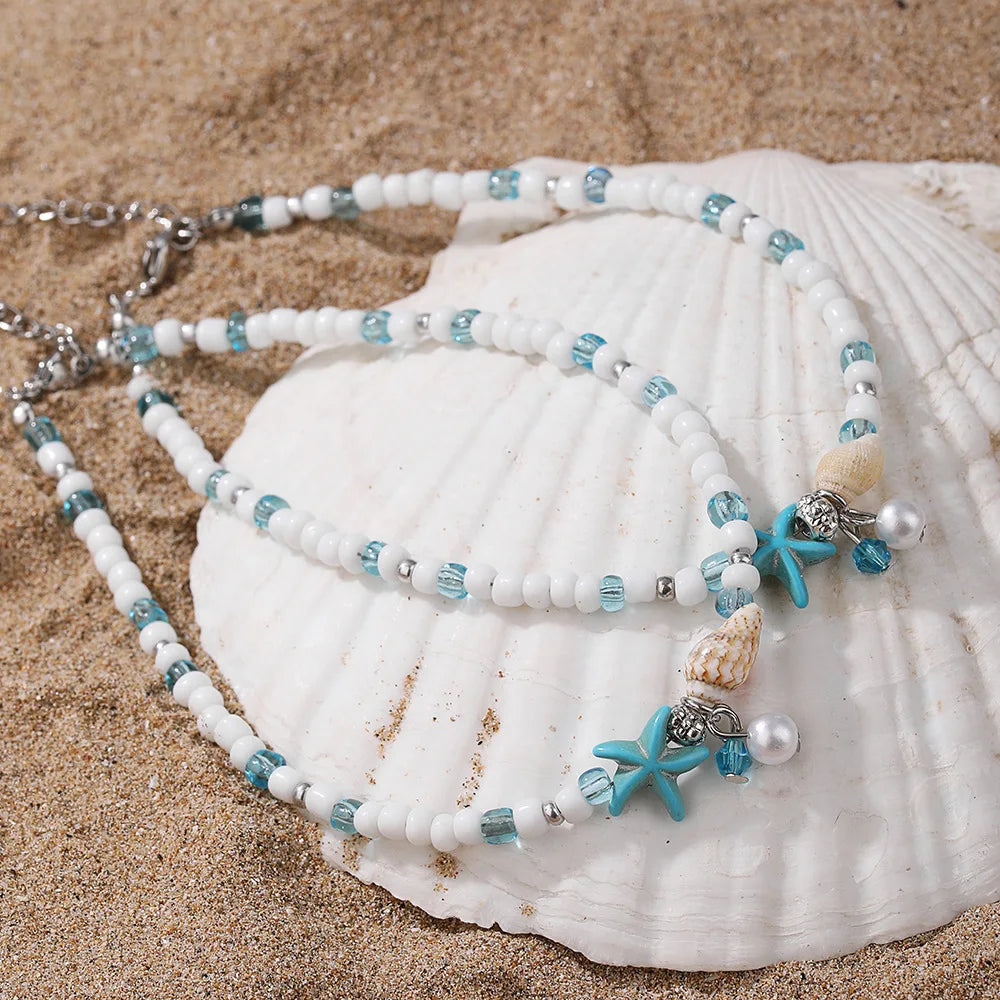 White Turquoise Beaded Chain Starfish Pendant Ankle Summer Bracelet Charm Sandals Barefoot Beach Foot Bridal Jewelry