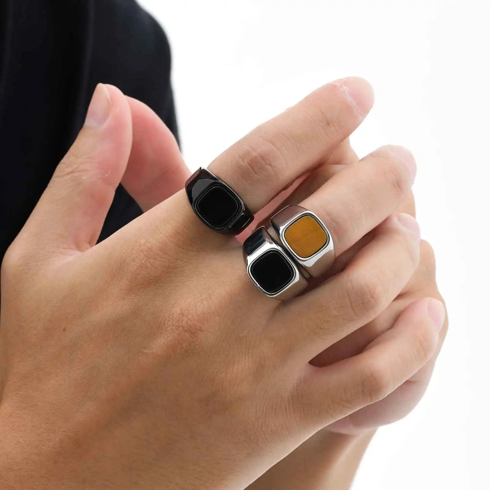 Men's High-Quality Stainless Steel Square Signet Ring with Black Glass And Natural Tiger Eye Stone - Fashion Classic Jewelry