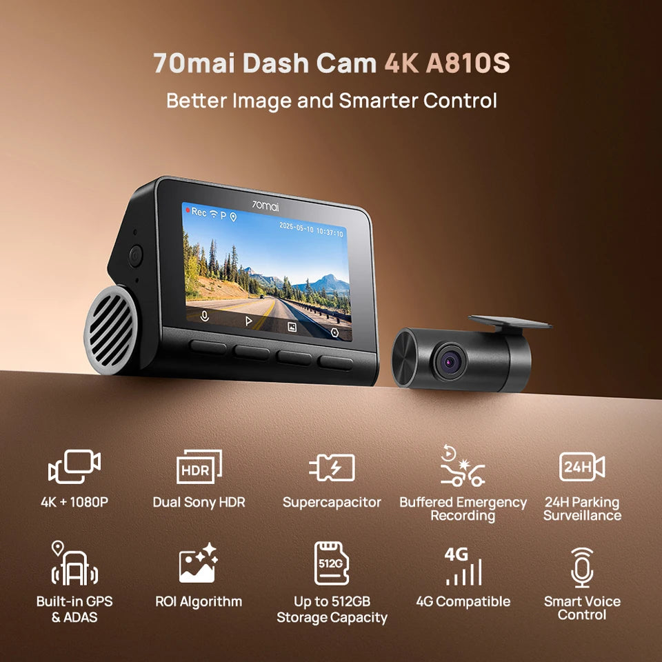 70mai Dash Cam 4K A810S HDR IMX678 Supercapacitor 4G LTE Remote Control Wi-Fi 6 Voice Control GPS ADAS Car Camera 70mai A810S