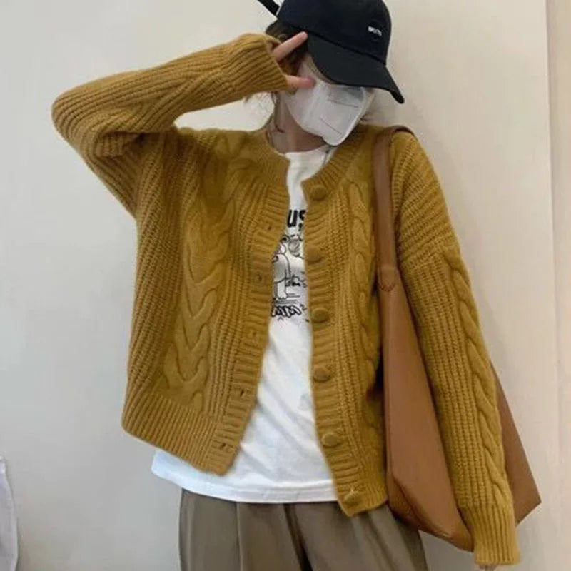 Autumn Twist Knitted Cardigan Womem Winter Thicken Warm O Neck Sweater Jacket Female Solid Button Up Long Sleeve Crop Knitwear