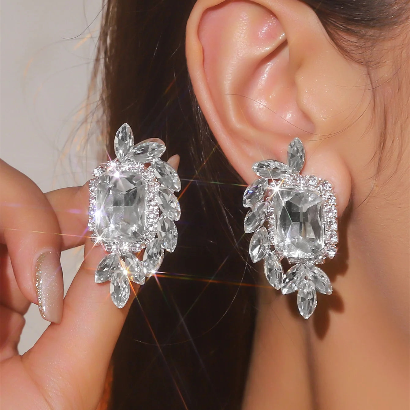Women Fashion Shiny Rhinestone Big Drop Dangle Earrings Maxi Evening Dress Statement Earrings Accessories Wedding Bride Jewelry