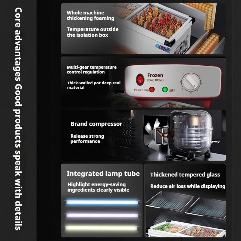 Commercial Refrigerator Freezer Countertop, 140W Portable Display Fridge for Food Stall with 3-Color Lights & Copper Tube Cool