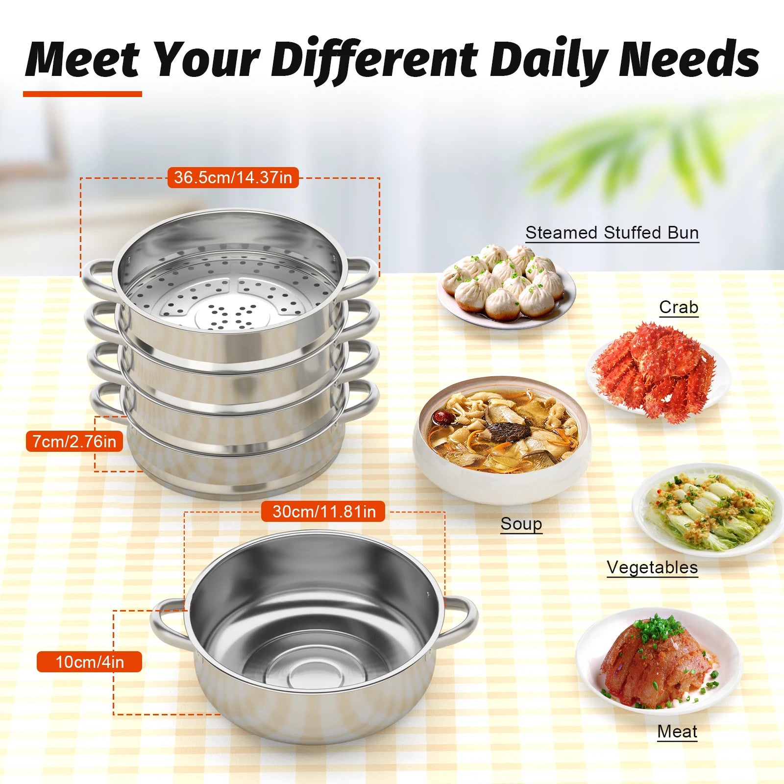 5-Layer Steamer 26cm/28cm/30cm Steam Cooker 304 Food-Grade Stainless Steel 4 Steaming Grids and 1 Cooking Pot W/ Glass Lid