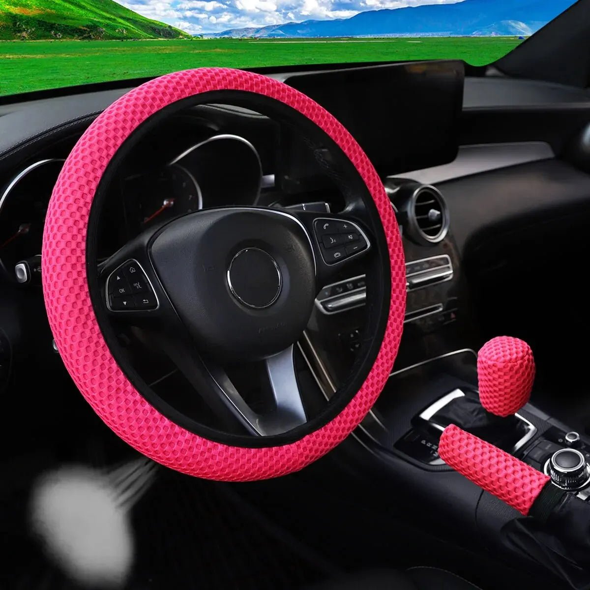 3 Car Massage Mesh Cloth Steering Wheel Cover Handbrake & Handle Cover Set Breathable No Inner Ring for 14.5-15 Inch Accessories