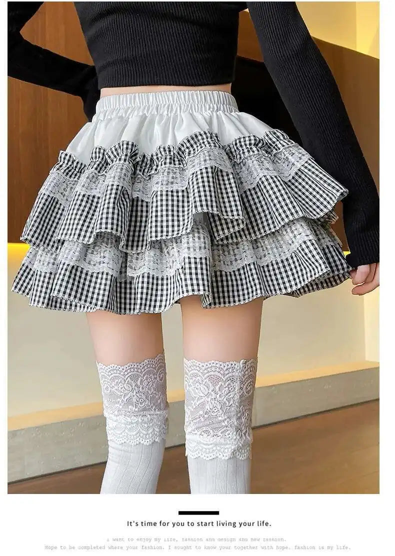 2025 Spring Summer Sweet Cute Lace Patchwork Plaid Cake Short Skirt With Shorts Womem Korean Japan Preppy Style Skirts