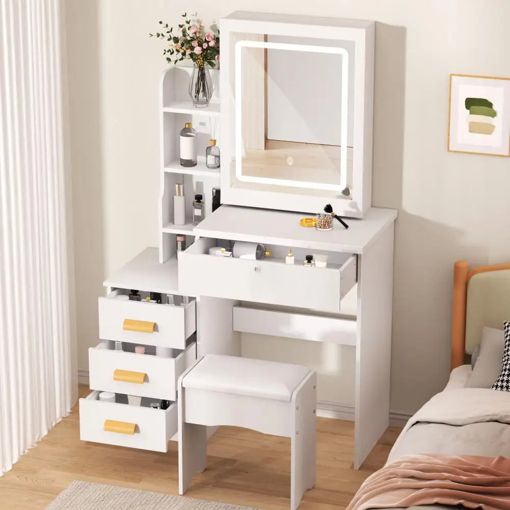 Bedroom Dressing Table Vanity Desk with Sliding Mirror and Lights Makeup Table with Hidden Storage Space