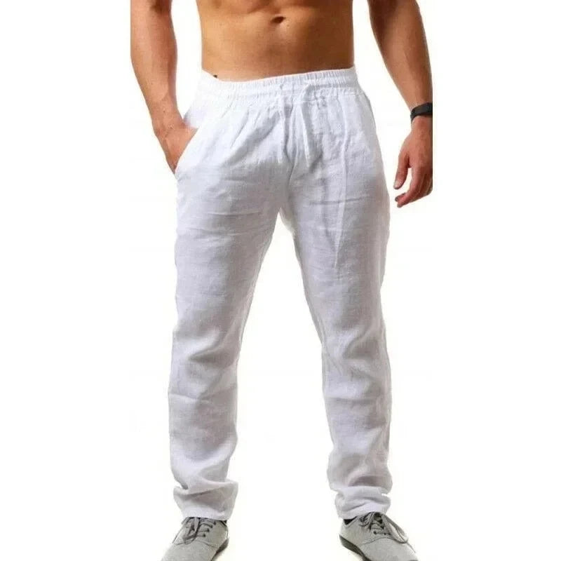 2025 Spring/Summer New Men's Cotton and Hemp Pants Fashionable and Casual Solid Color Breathable Loose Plus Wide Leg Pants M-4XL