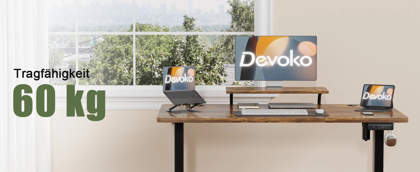 Devoko Height Adjustable desk Electric 140 × 60cm with Monitor Stand Ergonomic Seat Standing Desk (White)