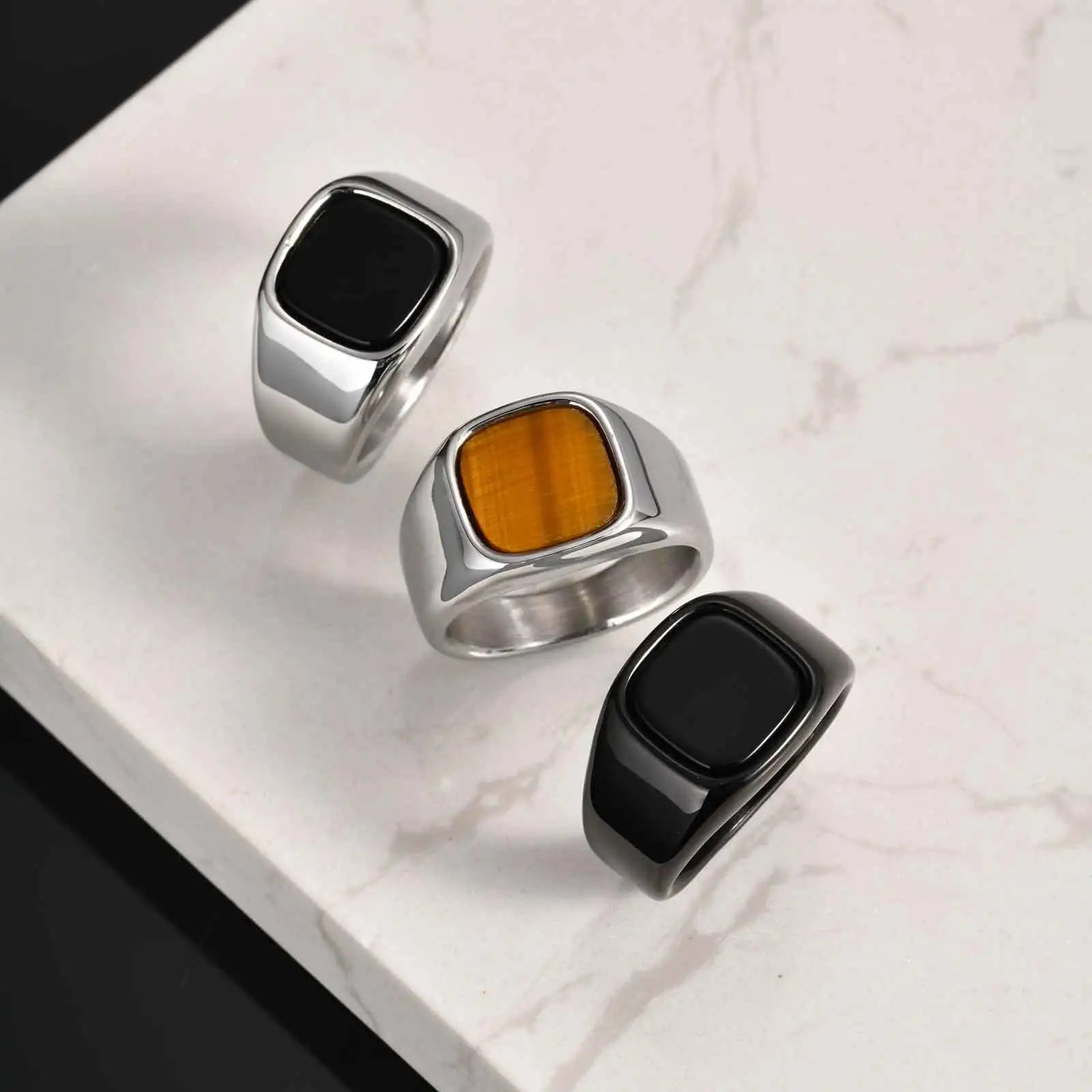 Men's High-Quality Stainless Steel Square Signet Ring with Black Glass And Natural Tiger Eye Stone - Fashion Classic Jewelry