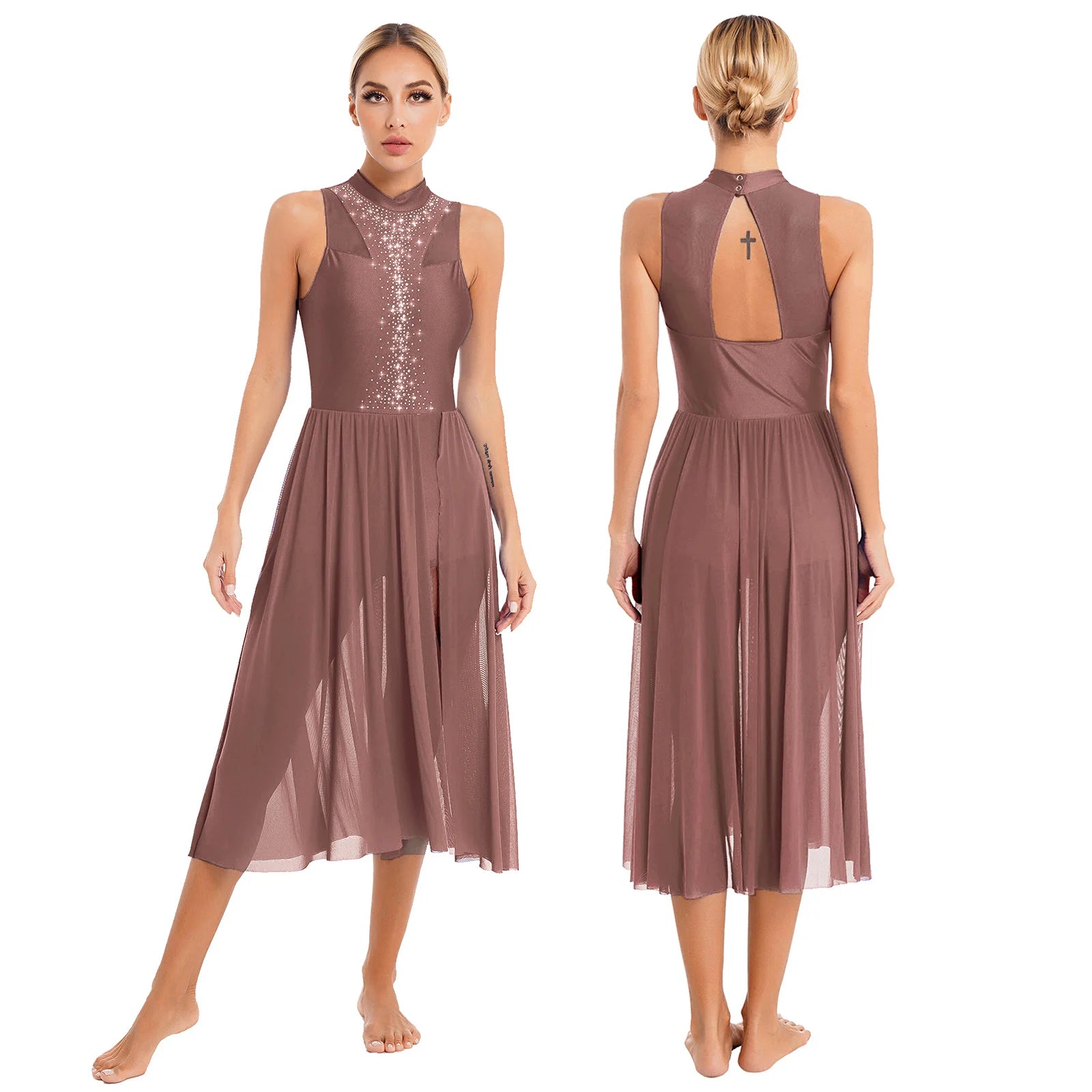 Womens Ballet Lyrical Dance Dress Cutout Back Full Length Overlay Leotard Costume Latin Rumba Tango Maxi Dress Long Dancewear